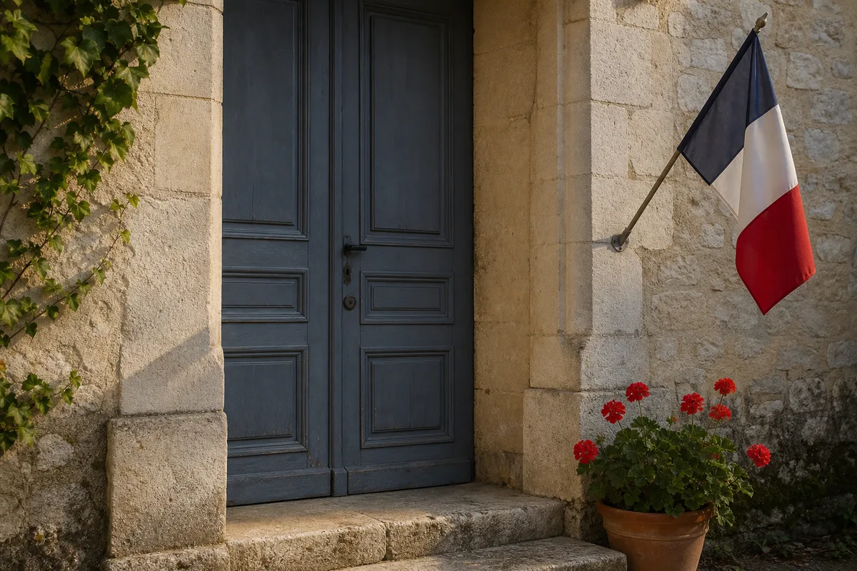 Entrée d&rsquo;une petite mairie française en pierre avec drapeau tricolore