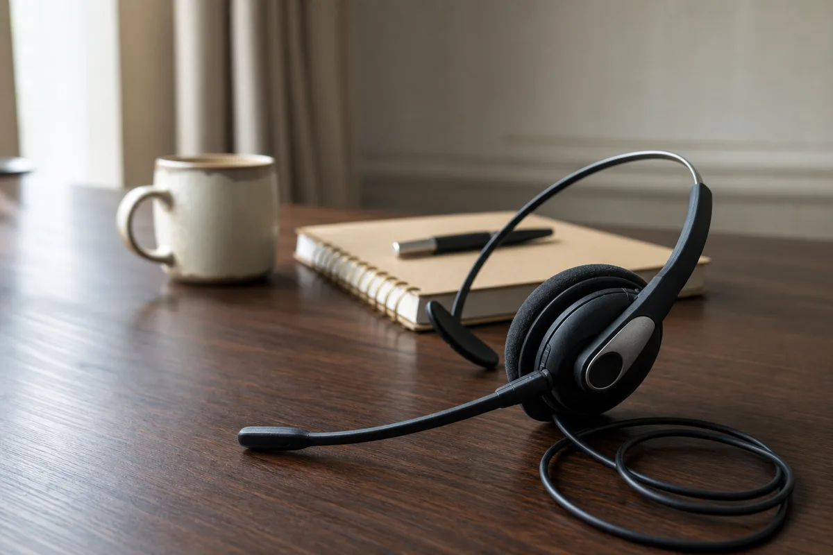 Casque téléphonique posé sur un bureau administratif en bois