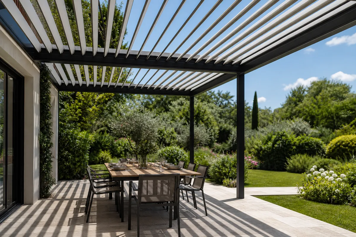 Pergola bioclimatique à lames orientables ombrageant une terrasse contemporaine