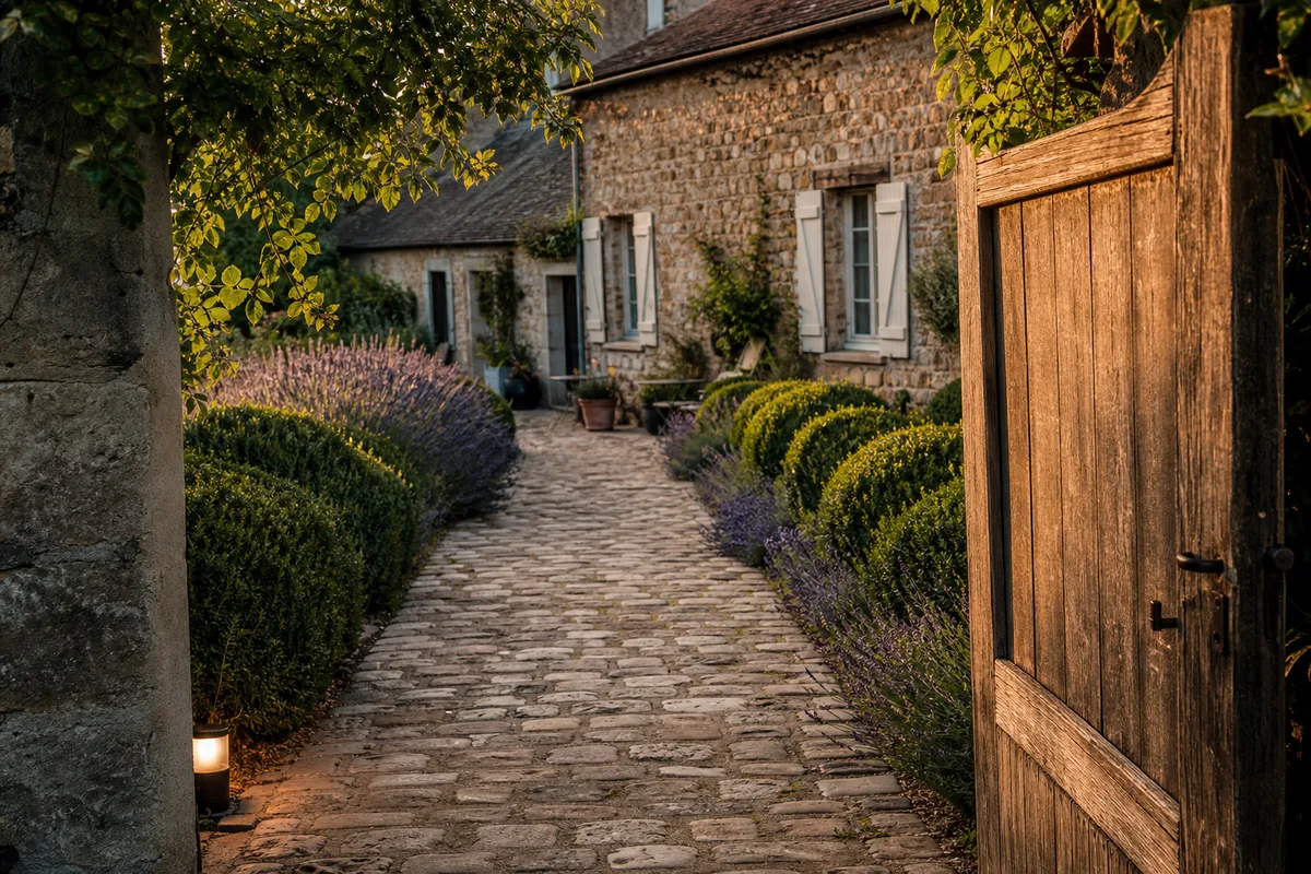 Allée en pavés bordée de végétation devant une maison ancienne en pierre meulière