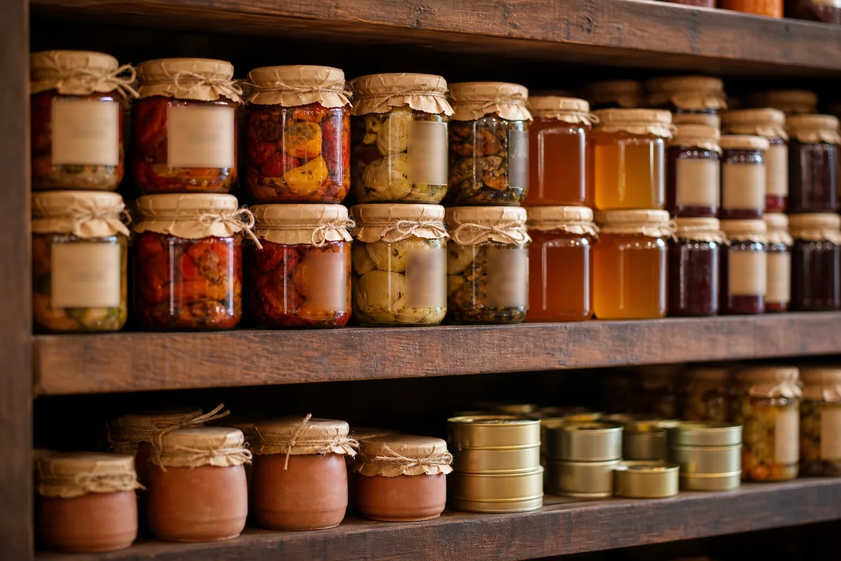 Rayonnage bois d&rsquo;une épicerie fine de village garni de bocaux et de conserves