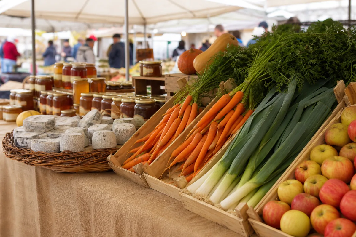 Étal de marché de village avec cagettes de légumes et fromages fermiers