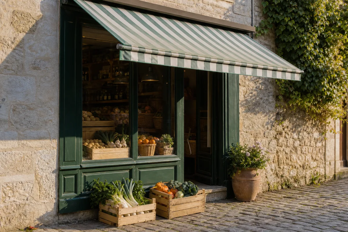 Devanture ancienne d&rsquo;un commerce de village en pierre avec store et cagettes