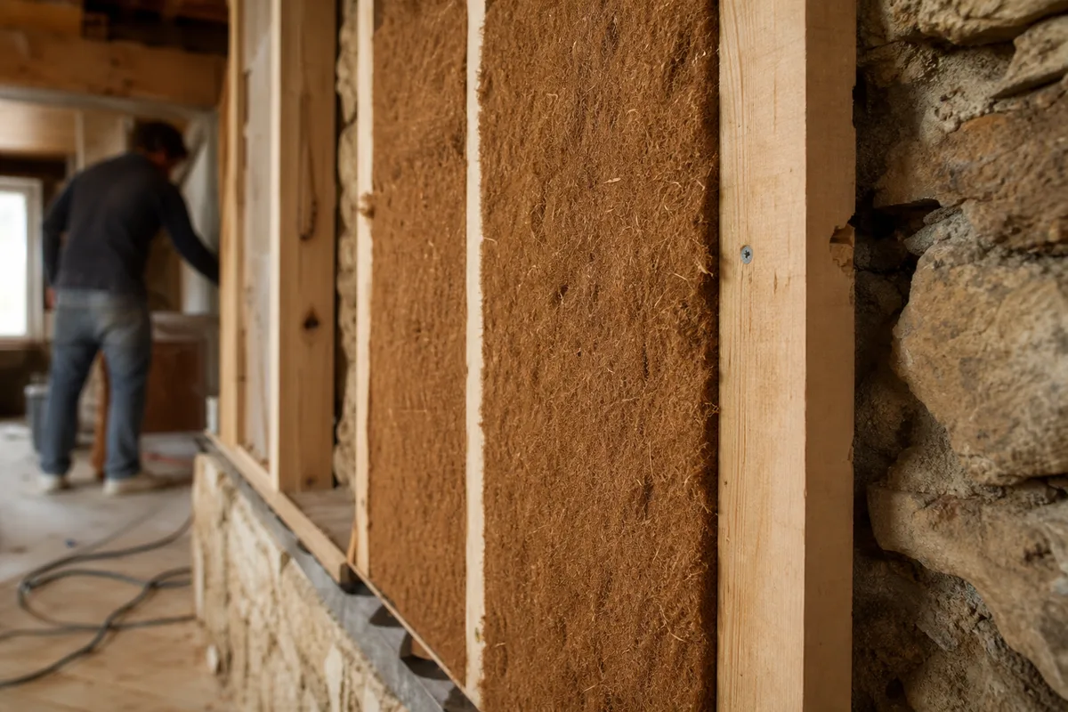 Mur en pierre ancien en cours d’isolation avec ossature bois et fibre de bois