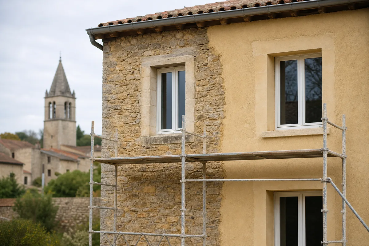Façade en pierre d’une maison ancienne de village avec enduit à la chaux en cours de finition
