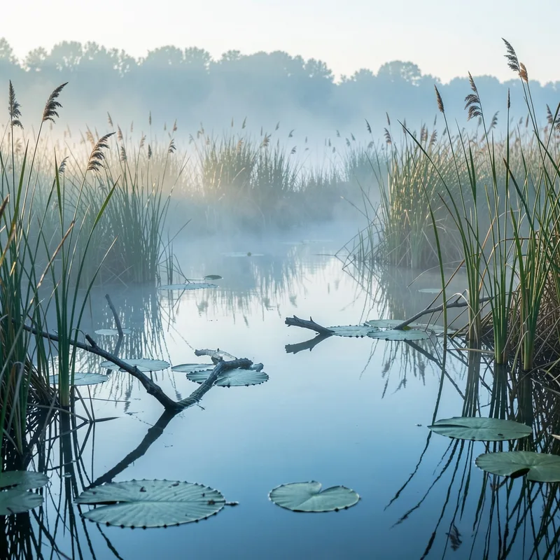 Roseaux et plan d&rsquo;eau du marais de Maincourt au petit matin, vallée de l&rsquo;Yvette